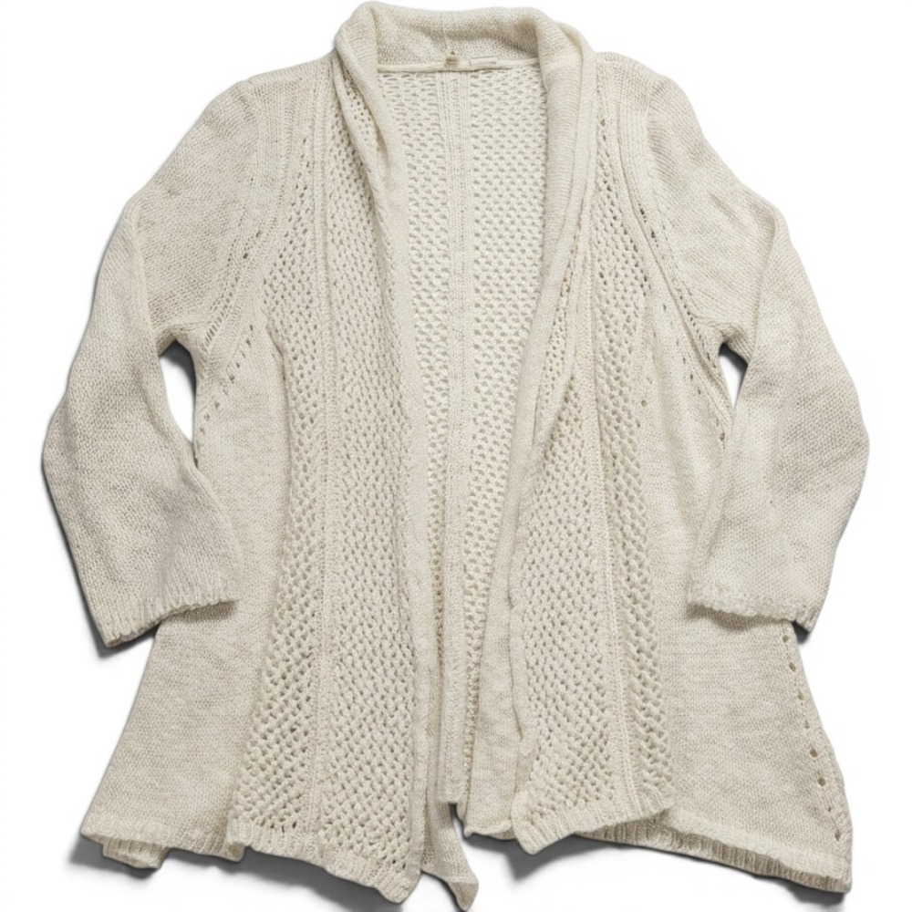 Moth Anthropologie Ivory Open Front Pointelle Knit Cardigan Sweater Womens M